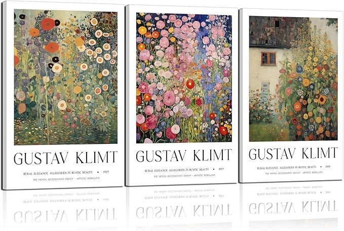 Framed Gustav Klimt Canvas Wall Art Colorful Floral Poster Picture Vintage Countryside Painting Nature Landscape Modern Home Print Living Room Gallery Office Ready to Hang 16x24 Inch x3