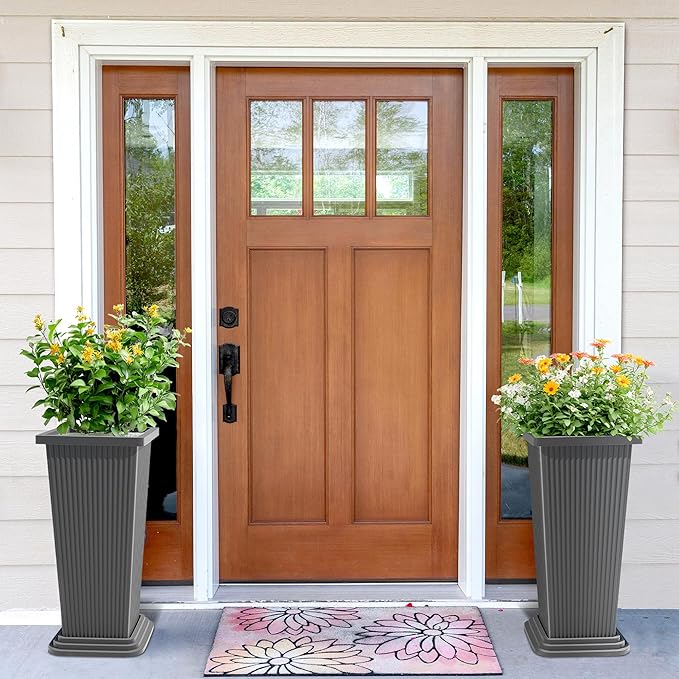 24 Inch Tall Tapered Square Planters (Set of 2) - Indoor Outdoor Large Flower Pots with Built-in Drainage & Matching Water Tray for Patio, Garden, Home - Gray