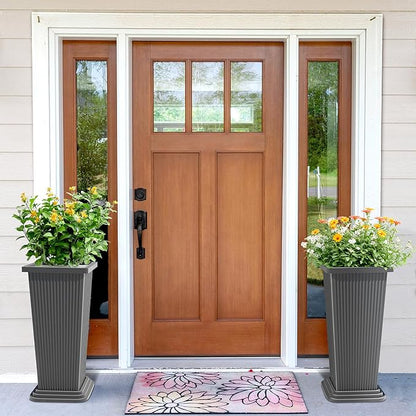 24 Inch Tall Tapered Square Planters (Set of 2) - Indoor Outdoor Large Flower Pots with Built-in Drainage & Matching Water Tray for Patio, Garden, Home - Gray