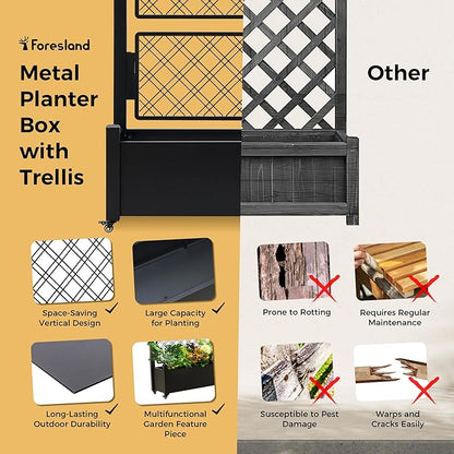 Metal Planter Box with Trellis and Wheels, 72"x46"x16" Large Outdoor Garden Planter for Climbing Plants, Vegetables & Vines, Includes Drainage Holes and Privacy Screen, Black