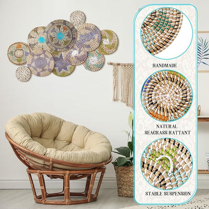 Tatuo 11 Pcs Boho Wall Basket Decor Decorative Bulrush Woven Basket Wall Decor Art Round Farmhouse Hanging Baskets for Kitchen Rustic Home Summer Decorations, Multi Sizes(Multicolour)