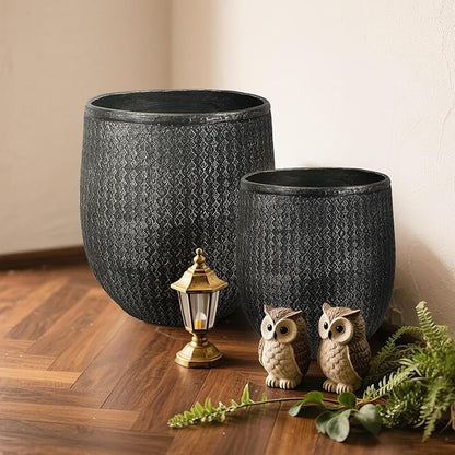 Worth Garden 12" Dia x 15" H Round Planter – Lightweight Magnesium Oxide Cement Plant Pot with Texture – Raised Pattern Concrete Look – Drainage Hole – Indoor & Outdoor Use - Black Gold