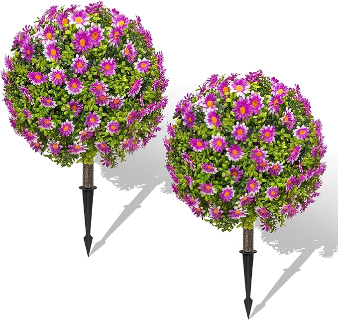 25" Artificial Boxwood Topiary Ball Trees with Purple Daisy, Fake Mums Plants with Ground Spike，Set of 2 UV Resistant Faux Bushes, Fake Shrubs for Garden, Patio, Porch, Yard, Indoor