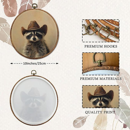 DEQSX Vintage Raccoon Round Wall Art, Raccoon Gifts for Women, Rustic Western Cowboy Wild Animals Wall Decor Canvas Prints Posters for Home Bedroom Living Room, 10x10 Inches