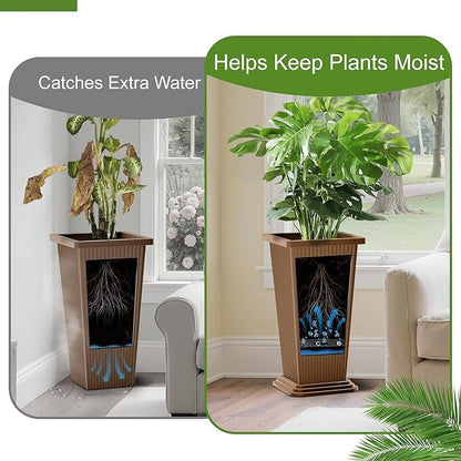 24-Inch Tall Planters Set of 2 for Outdoor and Indoor Use,Tapered Flower Pots with Drainage Tray, Front Porch and Patio Decor,Ideal for Large Plants (Stripes-Brown)