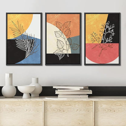 Ashbrook Framed Wall Art Print Set Geometric Mid-Century Color Block Plant Silhouettes Abstract Nature Illustrations Modern Art Boho Colorful for Living Room, Bedroom, Office - 24"x36"x3 Black