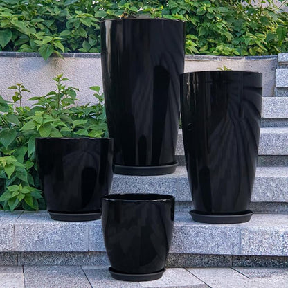 ZMTECH 24/21/12/10" H Large Plastic Planters with Drainage Hole and Saucer -Set of 4 Tall Plant Pots for Indoor & Outdoor Use,Black Glossy Smooth Lightweight Flower Pot for Front Porch Patio Deck