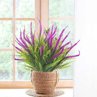 10 Bundles Artificial Plants Outdoor Fake Grass with Flowers UV Resistant Greenery Garden Porch Window Box Decorating (Magenta)