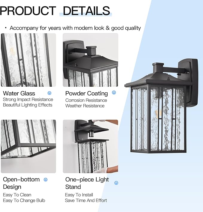 Outdoor Porch Light Fixtures, Black Wall Sconce Exterior Light, Large Front Ddoor Sconce Lights, Water Glass Outdoor Wall Lantern for Porch Garage House, 15”H