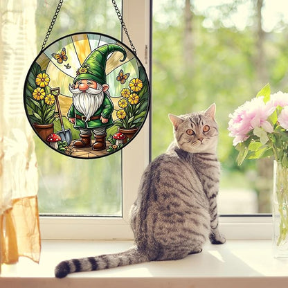 Stained Glass Window Hanging, Gnome in Garden Sun Catcher for Indoor Window Decoration with Flowers & Butterflies, Whimsical Stained Glass Decor Gift for Women and Men G51 (7.9'')