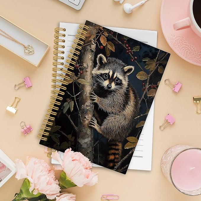XPH Raccoon Gifts Spiral Notebook, Cottagecore Raccoon Journaling Notebooks for Women, Christmas Trash Panda Hardcover Journals for Writing 160 Pages 5.5 x 8.3 Inch, Animal Lover Gifts