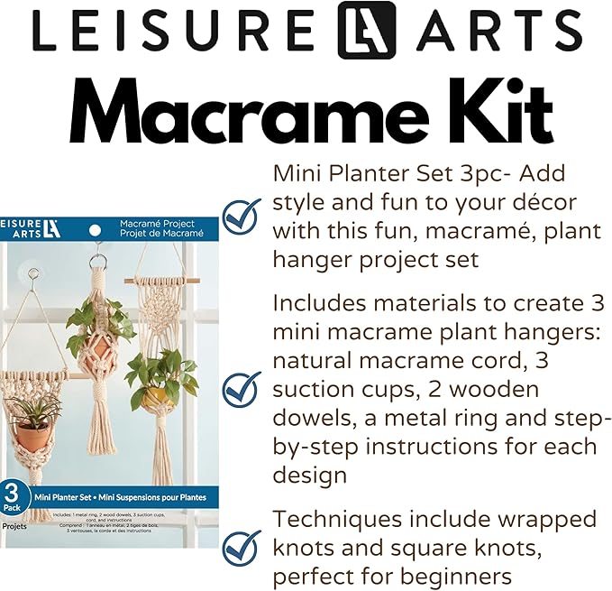 LEISURE ARTS Macrame Kit Mini Planter Set, DIY Plant Hanger Kit for Adults Beginners