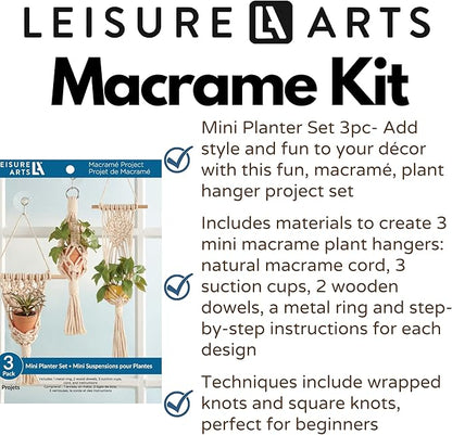 LEISURE ARTS Macrame Kit Mini Planter Set, DIY Plant Hanger Kit for Adults Beginners