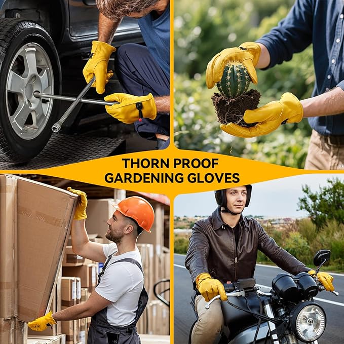 OZERO Leather Work Gloves for Men: X-Large 1 Pair Cowhide Working Gloves for Driving Heavy Duty Mechanic Ranch - Women Gardening Glove