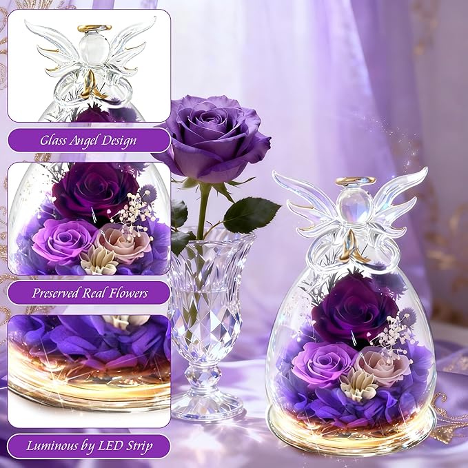 Purple Rose Valentines Day Gifts for Her Birthday Christmas Gifts for Women, Forever Rose in Glass Flowers for Delivery, Preserved Rose Angel Figurine for Mom Grandma, Mother’s Day Birthday Gifts