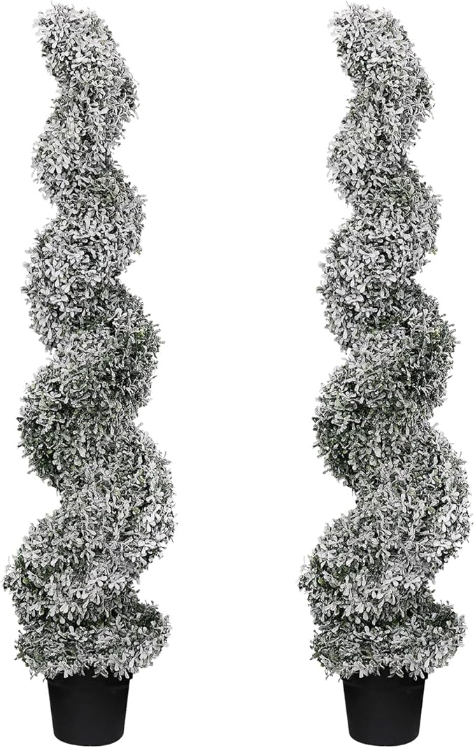 THE BLOOM TIMES 4ft Snow Flocked Spiral Topiary Trees Artificial Outdoor Set of 2, 48" Faux Fake Boxwood Plants for Front Porch Planter, Indoor or Covered Outside Display Christmas Decor 4 Foot
