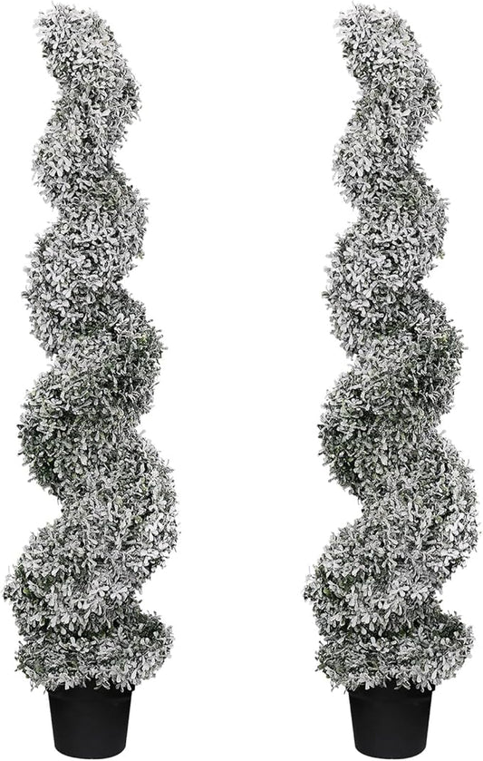 THE BLOOM TIMES 4ft Snow Flocked Spiral Topiary Trees Artificial Outdoor Set of 2, 48" Faux Fake Boxwood Plants for Front Porch Planter, Indoor or Covered Outside Display Christmas Decor 4 Foot