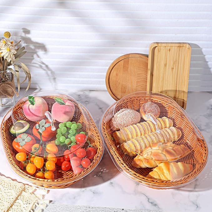 Hushee 2 Set Imitation Rattan Bread Basket with Lid Wicker Bread Baskets for Serving Woven Fruit Basket with Cover Oval Food Baskets for Food Vegetables Display(15.75 x 11.81 Inch)