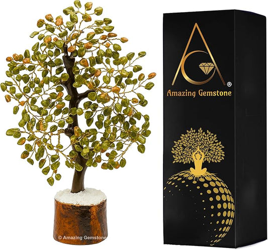 Unakite Natural Healing Premium Crystal Bonsai Feng Shui Fortune Money Tree of Life for Home Office Decor (Gift Box Ready,10-12 Inch)