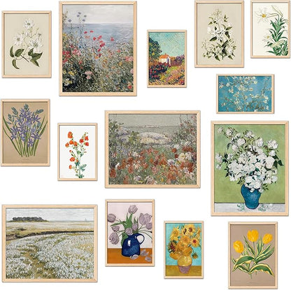 TRAMIN 14 Pcs Floral Wall Art, Flower Poster for Room Aesthetic Vintage Prints, Vintage Floral Prints for Wall Decor, French Garden Painting Spring Landscape Botanical Art Wildflower Decor (8x10 Unframed)