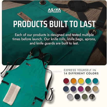 Asaya Chef and BBQ Apron with Bottle Opener and Hand Towel - 10oz Cotton Canvas, Stainless Steel Hardware - Cross Back Straps