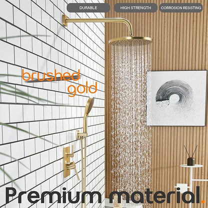 Bathroom Shower Trim Kit with 10'' High Pressure Rain Shower Head, 3-Function Handheld Spray and Valve Included, Wall Mounted Gold Finish SF001GD-D10