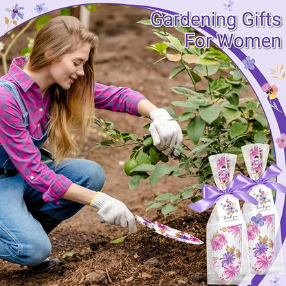 Capoda 12 Sets Floral Garden Shovels Bulk Gardening Gift for Women Garden Tools Floral Hand Heavy Duty Christmas Trowels Thank You Cards with Bags for Mom Gift Birthday Teacher(Purple,Elegant)