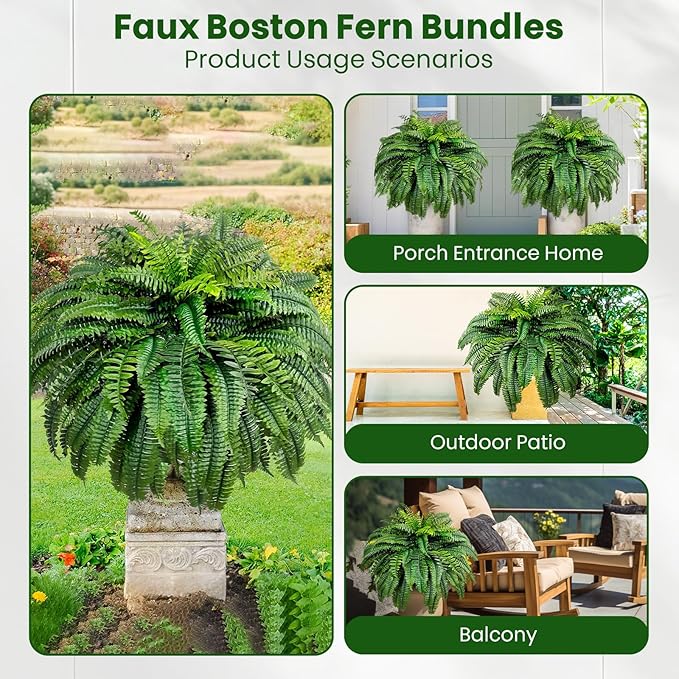 Artificial Boston Ferns for Outdoors & Indoors, 38" Large Fake Ferns with 88 Fronds, Looks Real Faux Fern Greenery for Decorating Living Room Porch Garden Home Office Decor