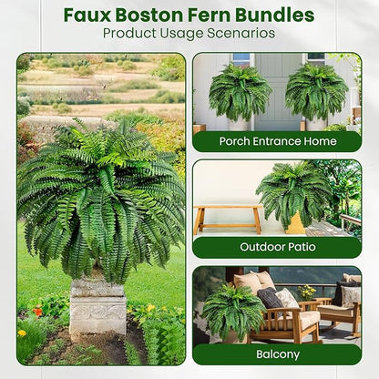 Artificial Boston Ferns for Outdoors & Indoors, 38" Large Fake Ferns with 88 Fronds, Looks Real Faux Fern Greenery for Decorating Living Room Porch Garden Home Office Decor