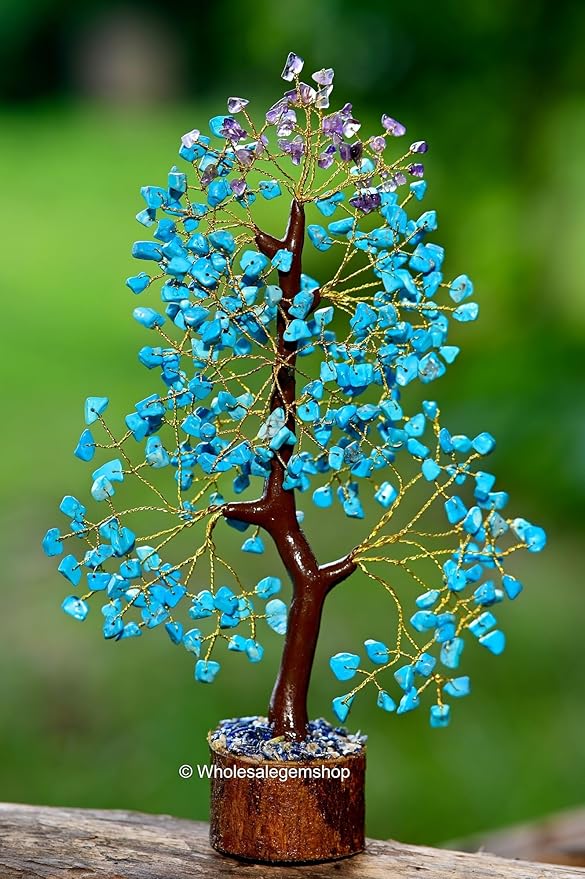 Turquoise & Amethyst Golden Wire Artificial Gemstone Tree – Crystal Healing Decor for Home, Office & Meditation