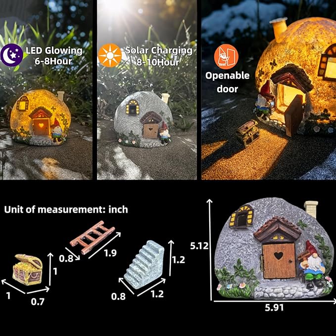 Fairy Garden Accessories Gnome Home Statues Kit, 4 Pcs Figurines Solar Tiny House with Openable Door for Outdoor Patio Yard Lawn, Christmas Housewarming Decorations, Gift Ideas for Women Kids