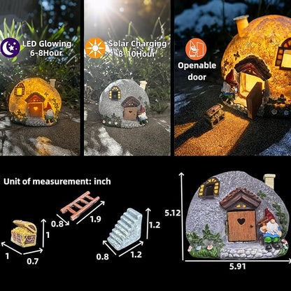 Fairy Garden Accessories Gnome Home Statues Kit, 4 Pcs Figurines Solar Tiny House with Openable Door for Outdoor Patio Yard Lawn, Christmas Housewarming Decorations, Gift Ideas for Women Kids