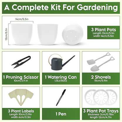 Indoor Garden Kit - Plant Pots with Drainage, Watering Can & Tools - Ideal Windowsill Planter Set - Modern Home & Kitchen Decor Gift - White