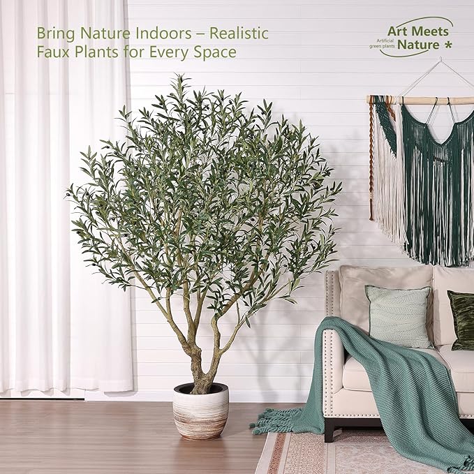 Olive Tree Artificial Indoor 7ft - UV Resistant Large Fake Plants - Realistic Faux Olive Tree in Pot - Tall Artificial Plants Outdoor for Home, Patio, Living Room, Office Decor,VN138