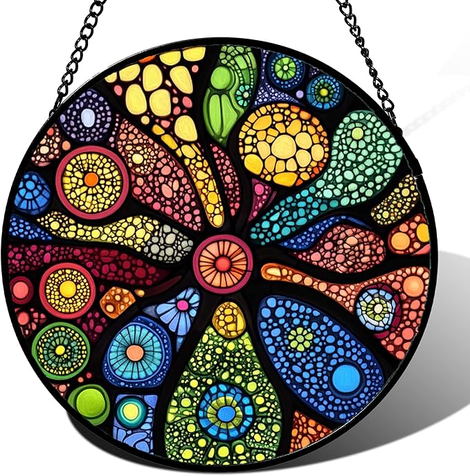 Stained Glass Window Hanging Colorful Abstract Plants 6.3" - Retro Boho Suncatcher Door Garden Sun Catcher Home Decor Birthday Christmas for Mom Men Woman Nana