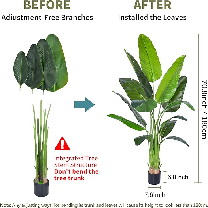 Artificial Bird of Paradise Plant, Fake Tree with Realistic Leaves and Durable pots, Adjustment-Free Branches Artificial Tree for Indoor Outdoor Home Decor (6FT 1Pack)
