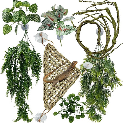 Reptile Plants for Bearded Dragon Tank Accessories, Terrarium Plant Artificial Decor for Snake Cage, Fake Plant for Leopard Gecko Habitat, Lizard Chameleon Ball Pythons (Group EN)