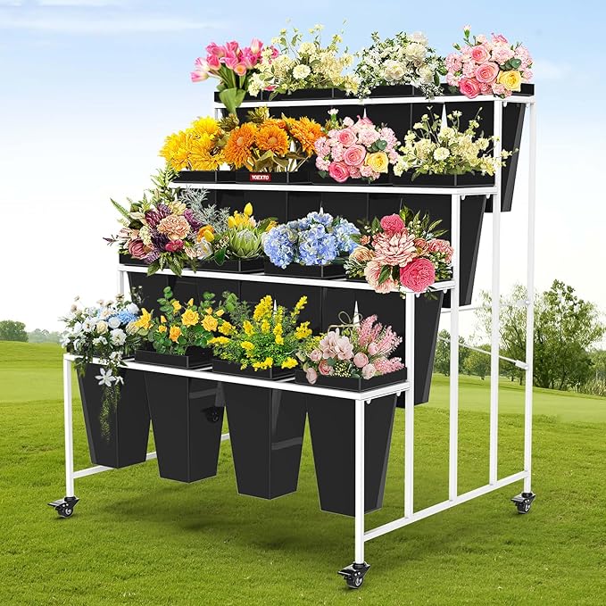 4 Layers Flower Display Stand with Buckets, 16 PCS Buckets Plant Stand with Wheels, Movable Metal Plant Stand for Terrace Garden, Living Room, Florist Shop
