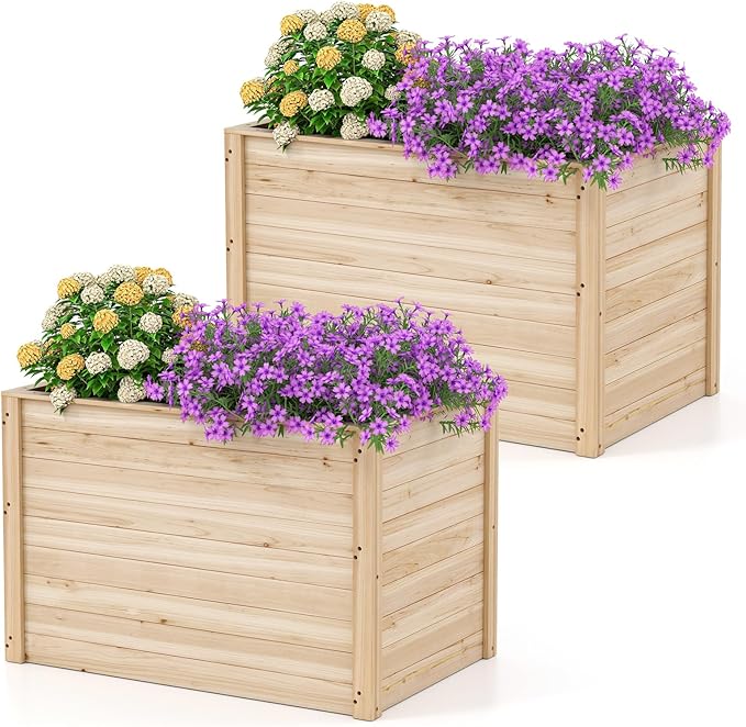 Giantex Set of 2 Wood Raised Garden Bed, 40"x25"x26" Elevated Planter Box w/Open-Ended Base for Deep-Rooted Plant Vegetable Fruit Flower, Outdoor Solid Wood Planter for Patio Backyard (40"x25"x26")