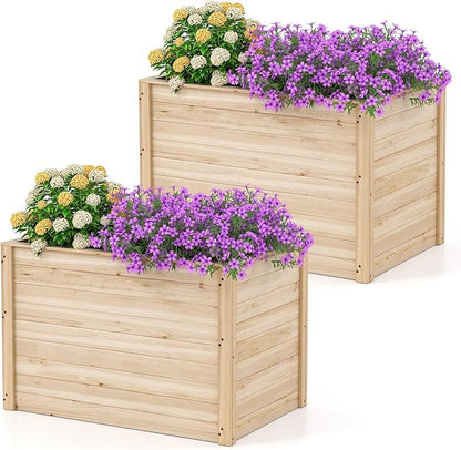 Giantex Set of 2 Wood Raised Garden Bed, 40"x25"x26" Elevated Planter Box w/Open-Ended Base for Deep-Rooted Plant Vegetable Fruit Flower, Outdoor Solid Wood Planter for Patio Backyard (40"x25"x26")