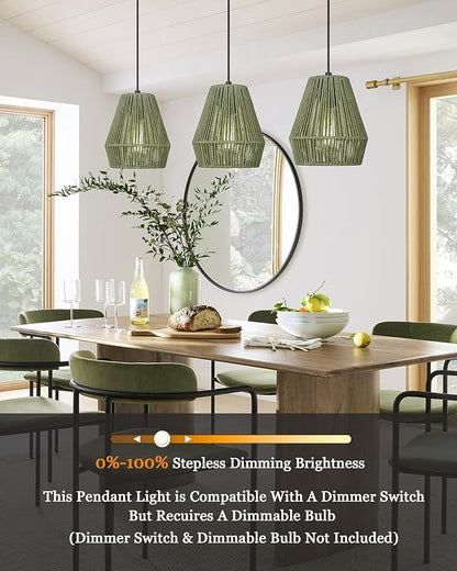 ELYONA Woven Pendant Lights, 7” Rustic Rattan Hanging Lamp Adjustable Handwoven Basket Shade, Boho Pendant Light Fixtures for Kitchen Island, Dining Room, Bedroom, Farmhouse Bar, Foyer Hallway, Green