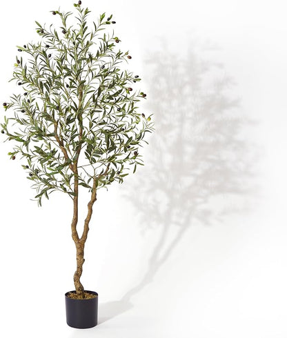6 Ft Artificial Olive Trees, Fake Potted Silk Plant Faux Olive Tree with Trunk and Fruits, Indoor Outdoor Artificial Tree Large Olive Plants for Living Room Home House Office Decor