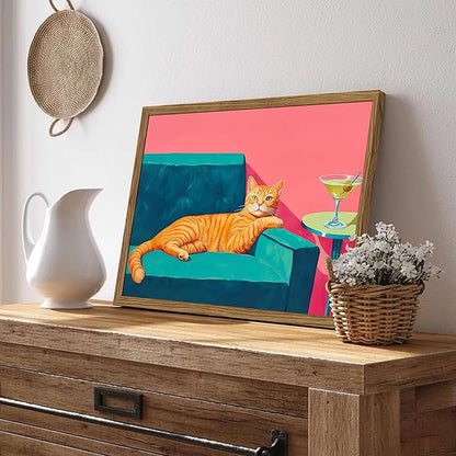 Funny Cat Wall Art Orange Cat With Martini Wall Decor Painting Whimsical Animal Cocktail Bar Cart Poster Canvas Prints Quirky Pet Lover Picture for Bedroom Living Room Wood Framed 16x24 inch