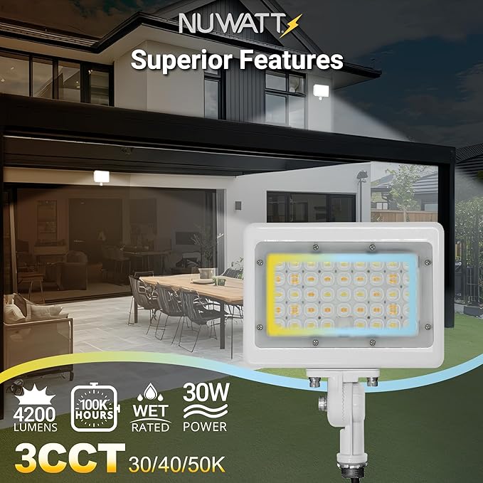 NUWATT 30W LED Flood Light, 3CCT 3000K/4000K/5000K Selectable, IP65 Waterproof Lighting, Adjustable Knuckle Mount, 4200LM, 0-10V Dimmable, 120-277V, Outdoor Security Floodlight for Yard, White, UL