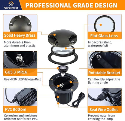 Gardenreet Landscape In Ground Well Lights - Brass Electric Ip65 Low Voltage Lights, 12V Wired LED Fixture, Antique Bronze for Walkway Driveway Patio with 5000K Daylight White MR16 Bulb
