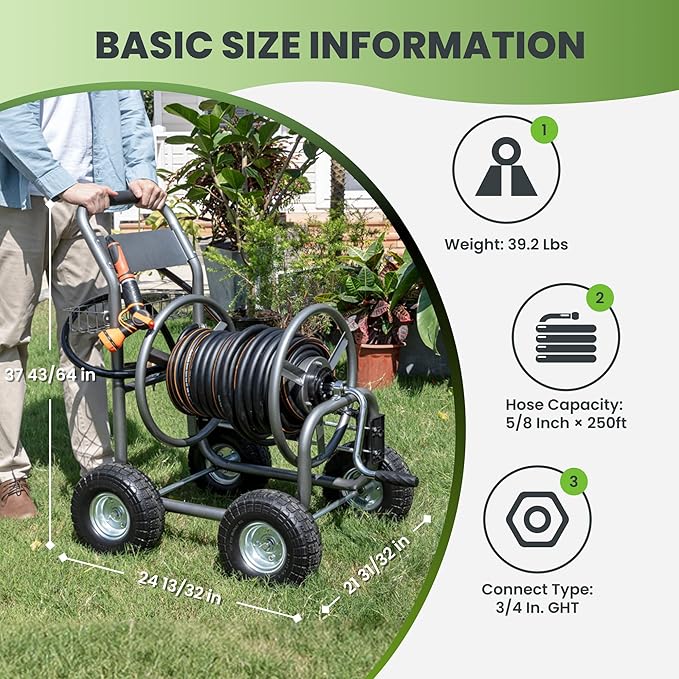 Giraffe Tools Heavy Duty Garden Hose Reel Cart with Wheels - Industrial Outdoor Hose Storage Reel, Pre-Installed Guide for 250-Feet of 5/8" Hose Capacity