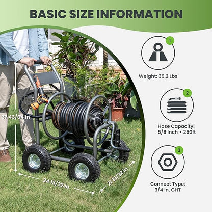 Giraffe Tools Heavy Duty Garden Hose Reel Cart with Wheels - Industrial Outdoor Hose Storage Reel, Pre-Installed Guide for 250-Feet of 5/8" Hose Capacity
