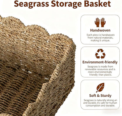 Scalloped Basket, Wicker Storage Baskets, Hand Woven Baskets for Shelves,Natural Baskets for Organizing (Seagrass(S-9.5" L x 9.5" W x 5.5" H))