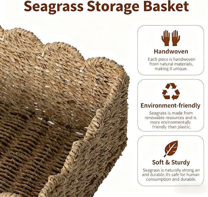 Scalloped Basket, Wicker Storage Baskets, Hand Woven Baskets for Shelves,Natural Baskets for Organizing (M-14" L x 10.5" W x 6" H-Seagrass)