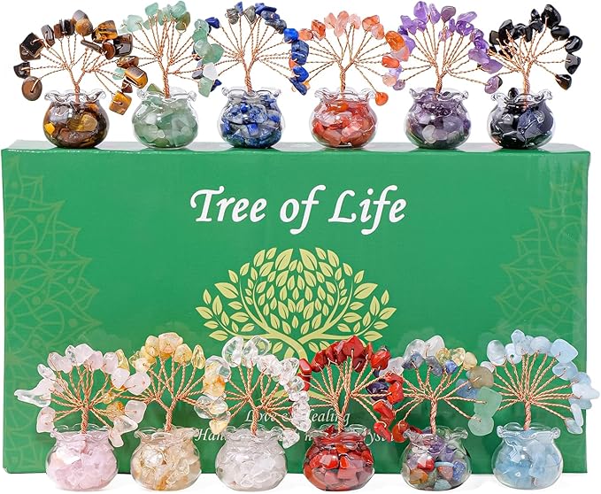 Runyangshi 12pcs Chakra Crystal Tree Set - Fengshui Money Tree with Gemstones, Glass Base, Natural Crystal and Healing Stones for Home Office Decor